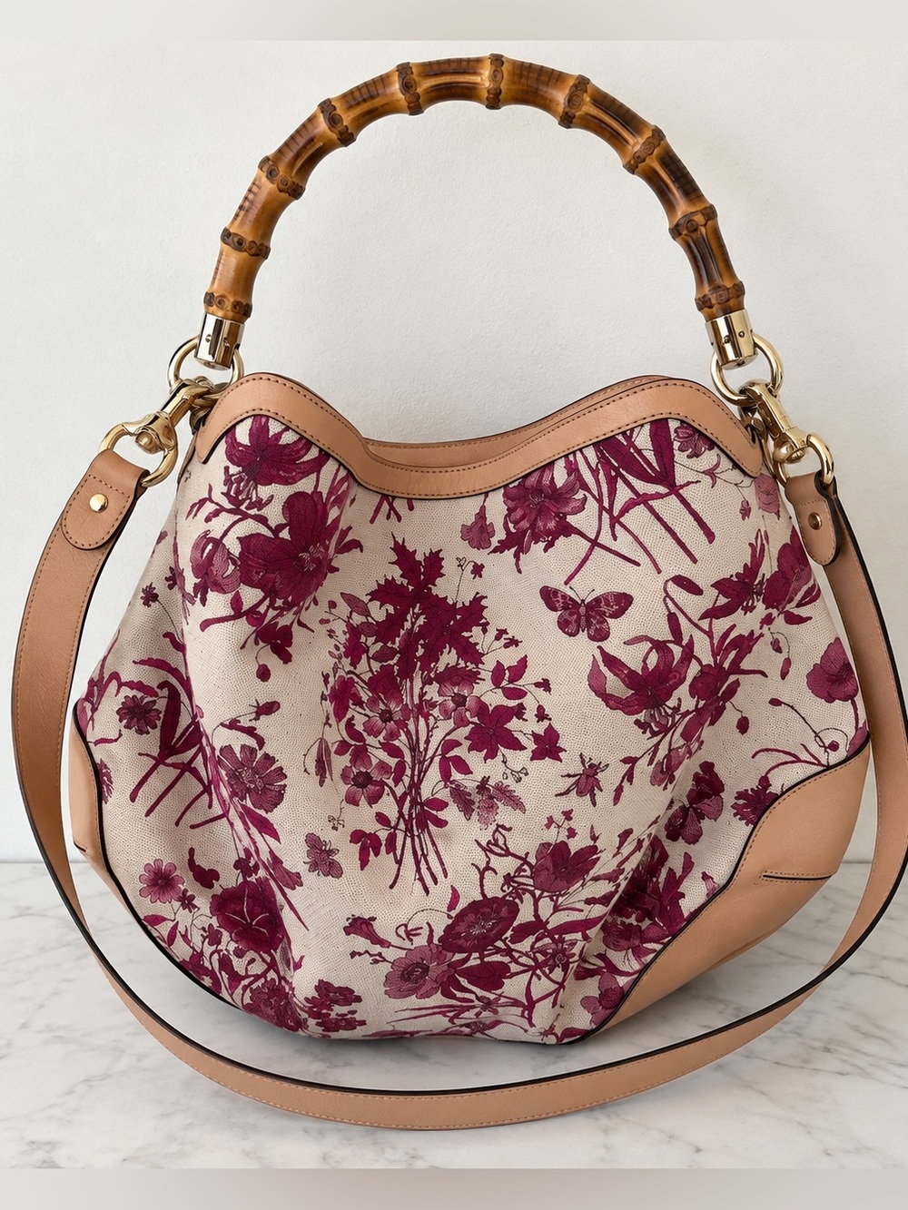 Gucci Bamboo-Handle Floral Canvas Hobo Bag - Beige & Burgundy